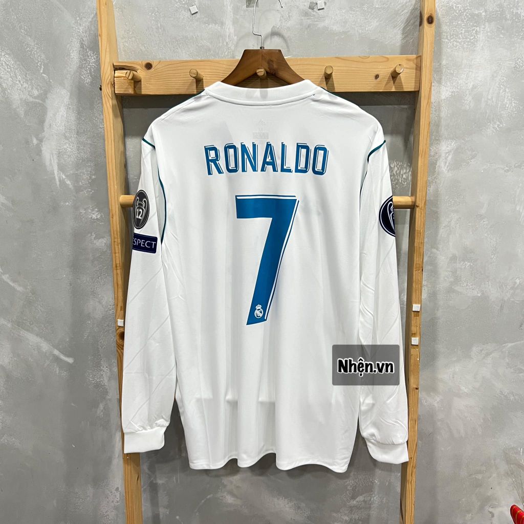 ÁO ĐẤU REAL MADRID 2017/18 RETRO HÀNG THÁI SÂN NHÀ TRẮNG SỌC XANH TAY DÀI IN FULL LOGO CHI TIẾT CK & RONALDO #7