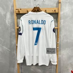 ÁO ĐẤU REAL MADRID 2017/18 RETRO HÀNG THÁI SÂN NHÀ TRẮNG SỌC XANH TAY DÀI IN FULL LOGO CHI TIẾT CK & RONALDO #7