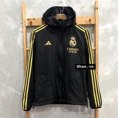 ÁO KHOÁC GIÓ REAL MADRID ĐEN SỌC VÀNG DÀI 2023/24