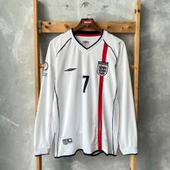 ÁO ĐẤU TUYỂN ANH 2002/04 RETRO HÀNG THÁI SÂN NHÀ TRẮNG TAY DÀI IN LOGO WC & BECKHAM #7