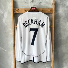ÁO ĐẤU TUYỂN ANH 2002/04 RETRO HÀNG THÁI SÂN NHÀ TRẮNG TAY DÀI IN LOGO WC & BECKHAM #7