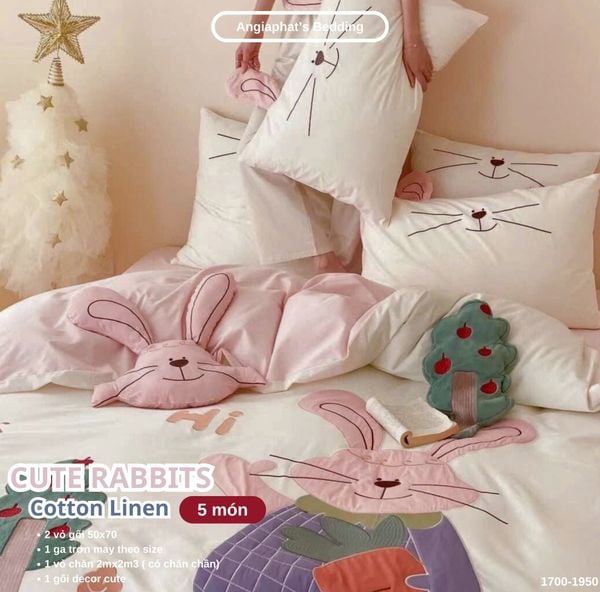  Bộ Chăn Ga Cotton Linen Kids - Thỏ Tai Dài 