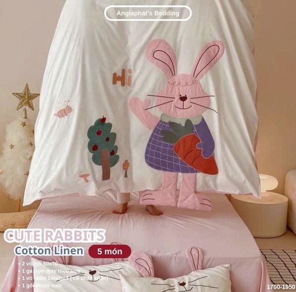  Bộ Chăn Ga Cotton Linen Kids - Thỏ Tai Dài 