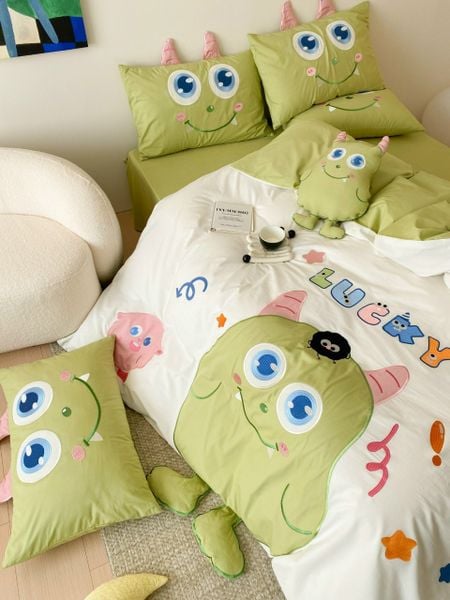  Bộ Chăn Ga Cotton Linen Kids - Monster Xanh 