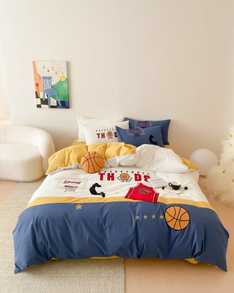  Bộ Chăn Ga Cotton Linen Kids - Bóng Rổ Xanh 