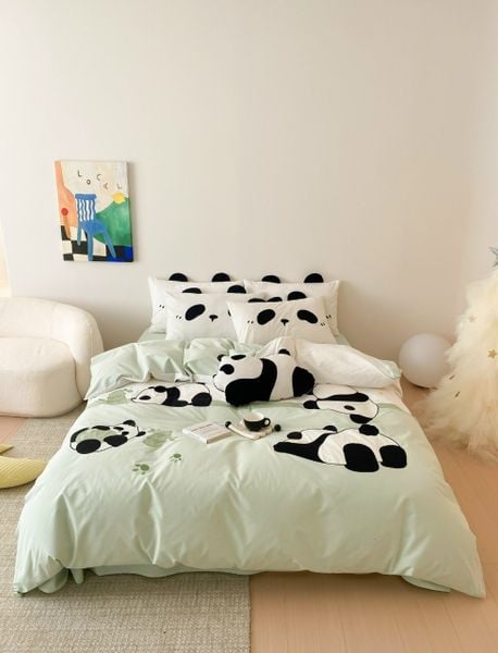  Bộ Chăn Ga Cotton Linen Kids - Gấu Trúc Xanh 