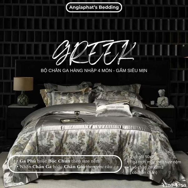  Set Chăn Ga Luxury - Gấm Siêu Mịn - Lá Ghi 