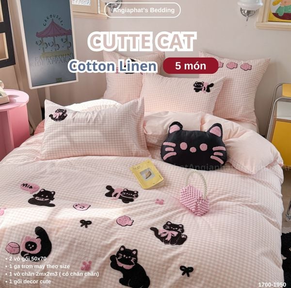  Bộ Chăn Ga Cotton Linen Kids / Cho Bé - Cute Cat Hồng 