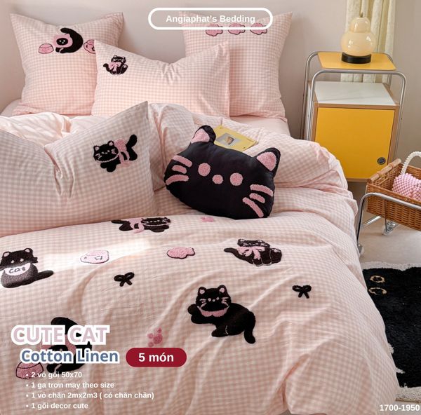  Bộ Chăn Ga Cotton Linen Kids / Cho Bé - Cute Cat Hồng 