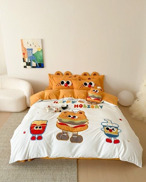  Bộ Chăn Ga Cotton Linen Kids - Bơ gơ Cam 