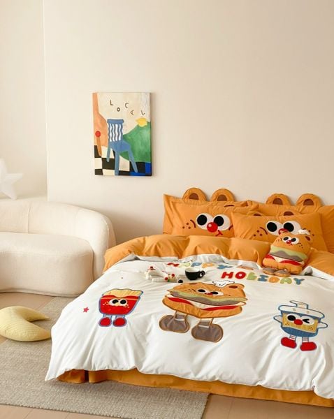  Bộ Chăn Ga Cotton Linen Kids - Bơ gơ Cam 
