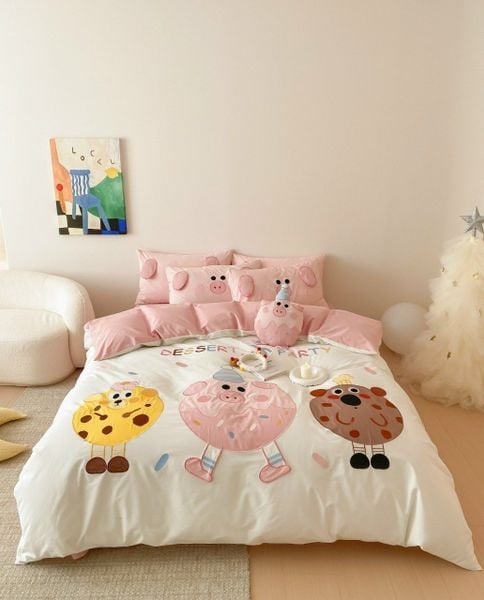  Bộ Chăn Ga Cotton Linen Kids - Donuts Hồng 