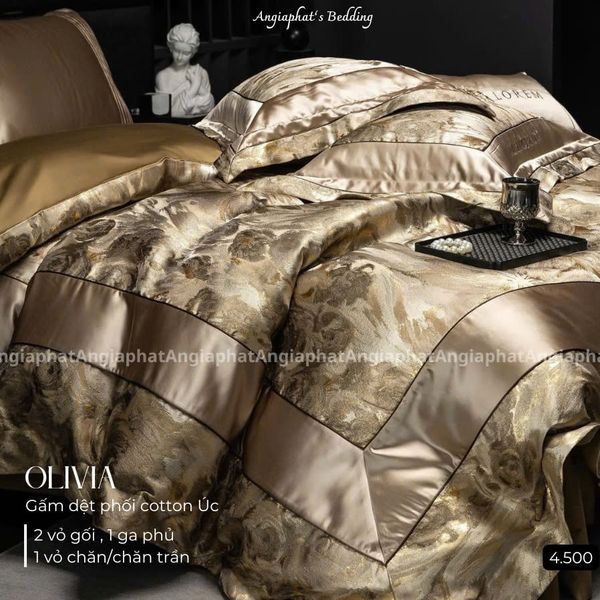  Set Chăn Ga Luxury - Gấm Siêu Mịn - Hoa Vàng Gold 