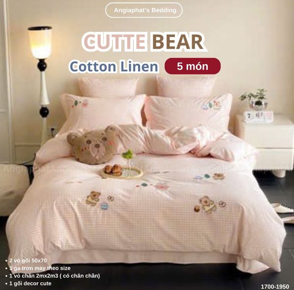  Bộ Chăn Ga Cotton Linen Kids / Cho Bé - Gấu Thỏ Hồng 