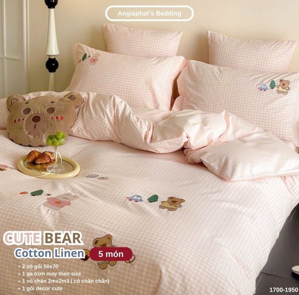  Bộ Chăn Ga Cotton Linen Kids / Cho Bé - Gấu Thỏ Hồng 