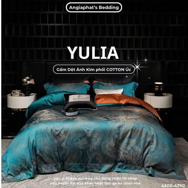  Set Chăn Ga Luxury - Gấm Siêu Mịn - YULIA XANH CAM 