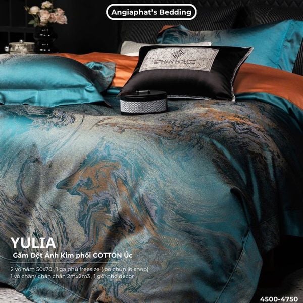  Set Chăn Ga Luxury - Gấm Siêu Mịn - YULIA XANH CAM 
