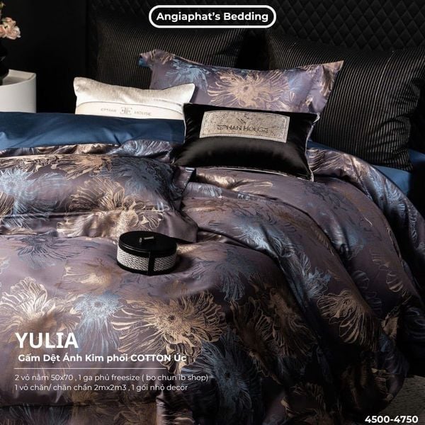  Set Chăn Ga Luxury - Gấm Siêu Mịn - YULIA TÍM GHI 