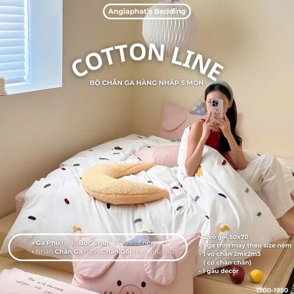  Bộ Chăn Ga Cotton Linen Kids / Cho Bé - Heo Hồng 