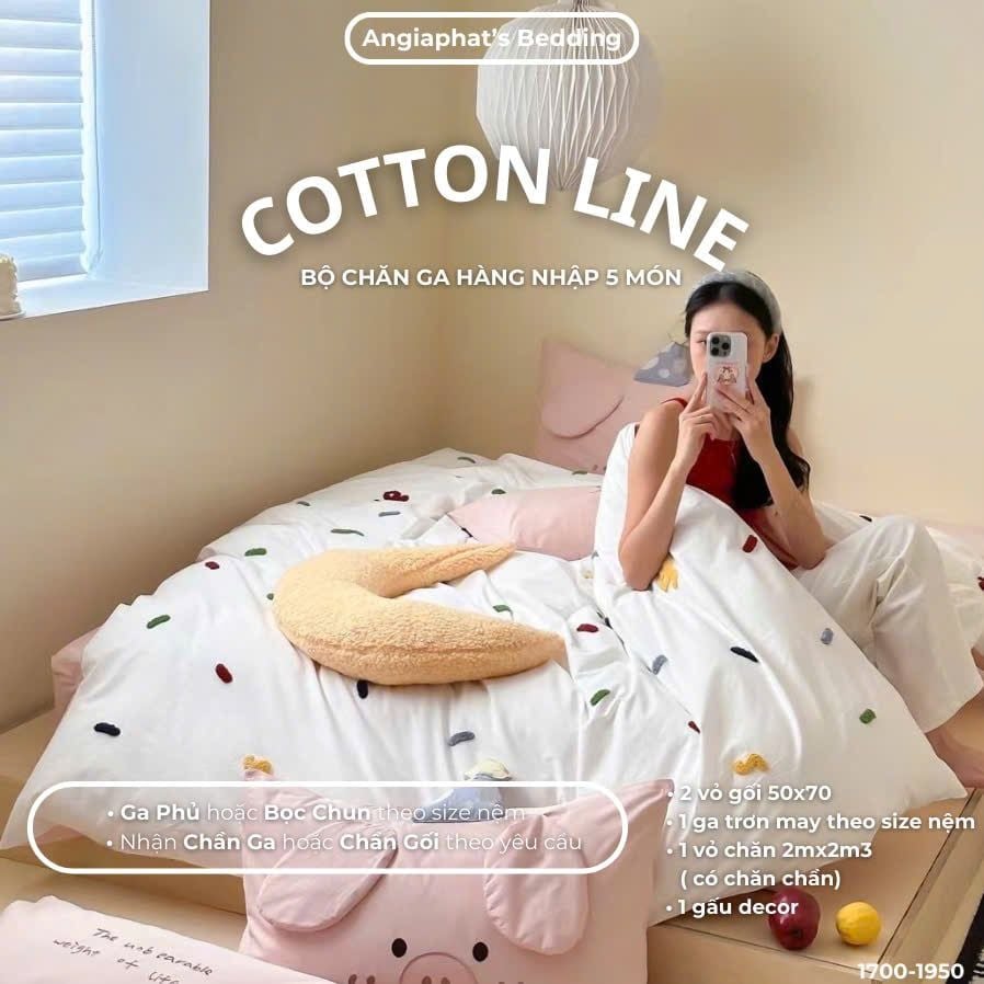  Bộ Chăn Ga Cotton Linen Kids / Cho Bé - Heo Hồng 