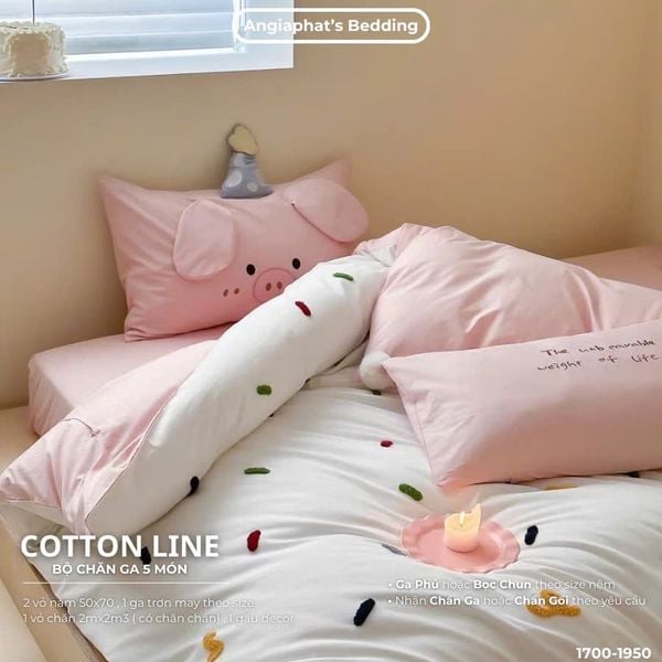  Bộ Chăn Ga Cotton Linen Kids / Cho Bé - Heo Hồng 