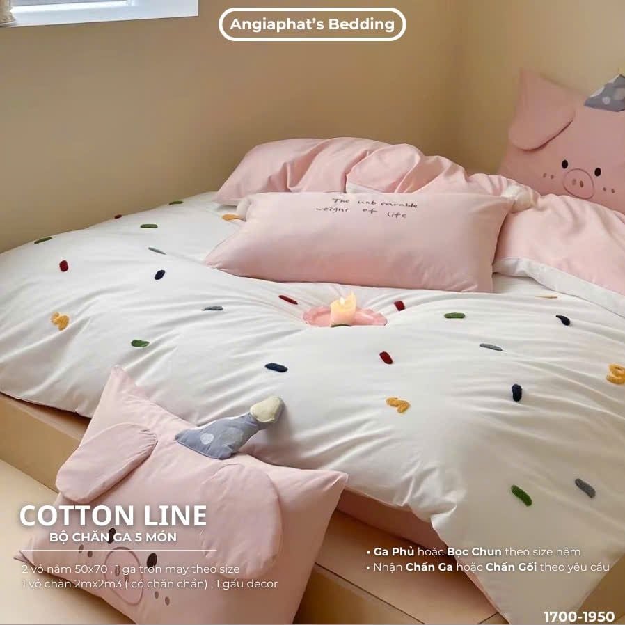  Bộ Chăn Ga Cotton Linen Kids / Cho Bé - Heo Hồng 