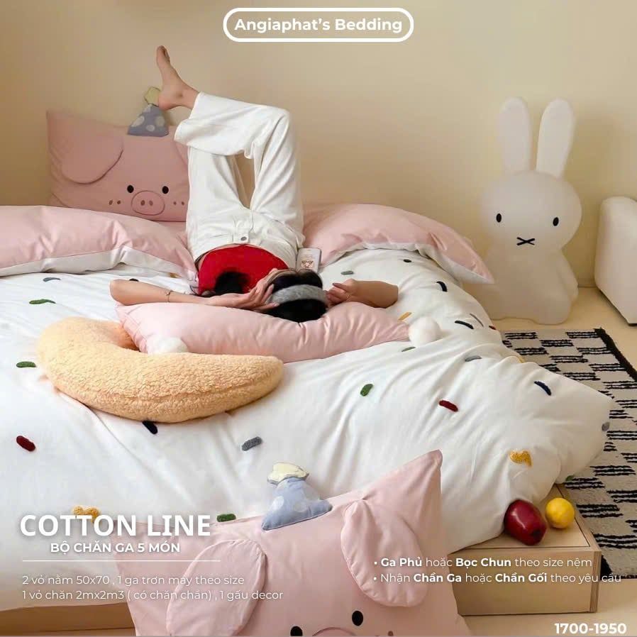  Bộ Chăn Ga Cotton Linen Kids / Cho Bé - Heo Hồng 