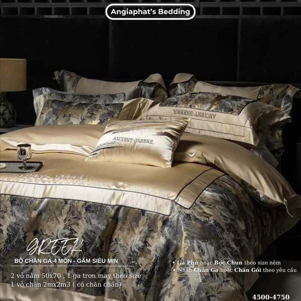  Set Chăn Ga Luxury - Gấm Siêu Mịn - Lá Vàng 