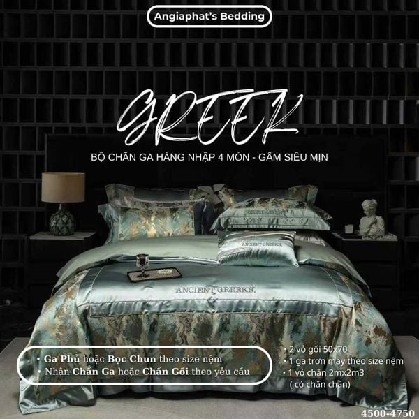  Set Chăn Ga Luxury - Gấm Siêu Mịn - Lá Xanh 