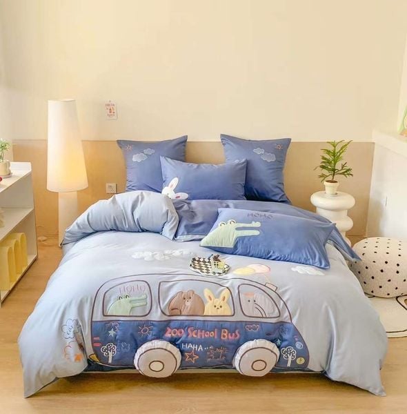  Bộ Chăn Ga Lụa Satin 100s Cho Bé - Xe Bus Xanh 