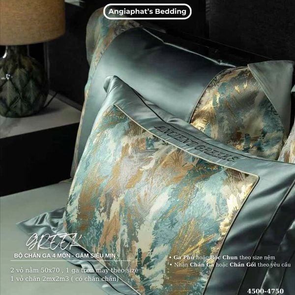  Set Chăn Ga Luxury - Gấm Siêu Mịn - Lá Xanh 