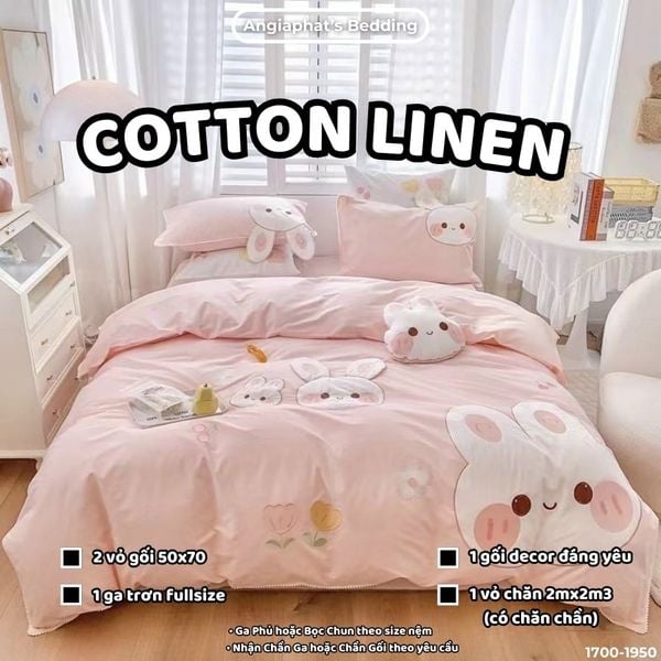  Bộ Chăn Ga Cotton Linen Kids / Cho Bé - Thỏ  Hồng Cam 