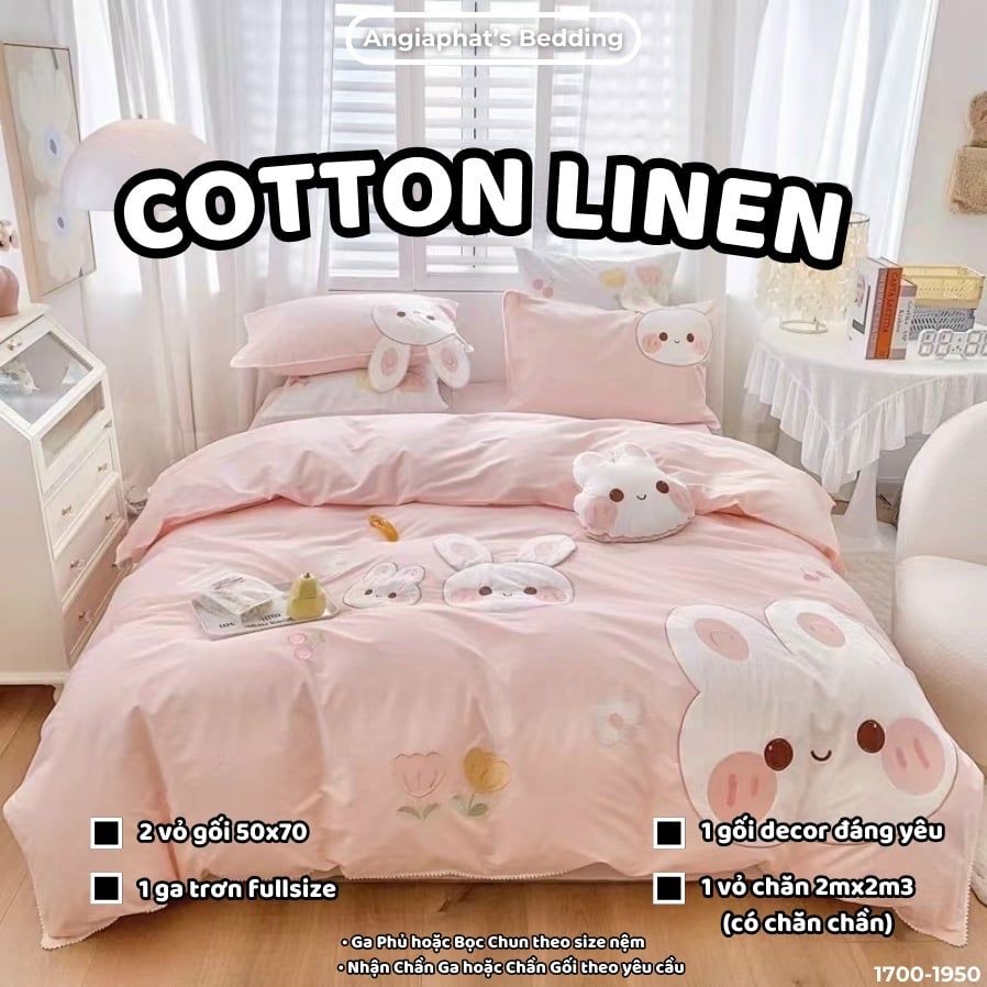  Bộ Chăn Ga Cotton Linen Kids / Cho Bé - Thỏ  Hồng Cam 