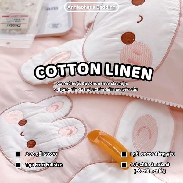  Bộ Chăn Ga Cotton Linen Kids / Cho Bé - Thỏ  Hồng Cam 