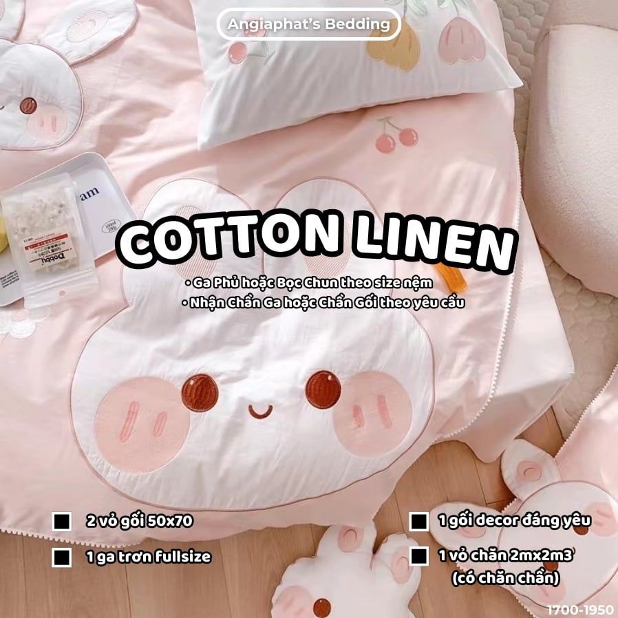  Bộ Chăn Ga Cotton Linen Kids / Cho Bé - Thỏ  Hồng Cam 