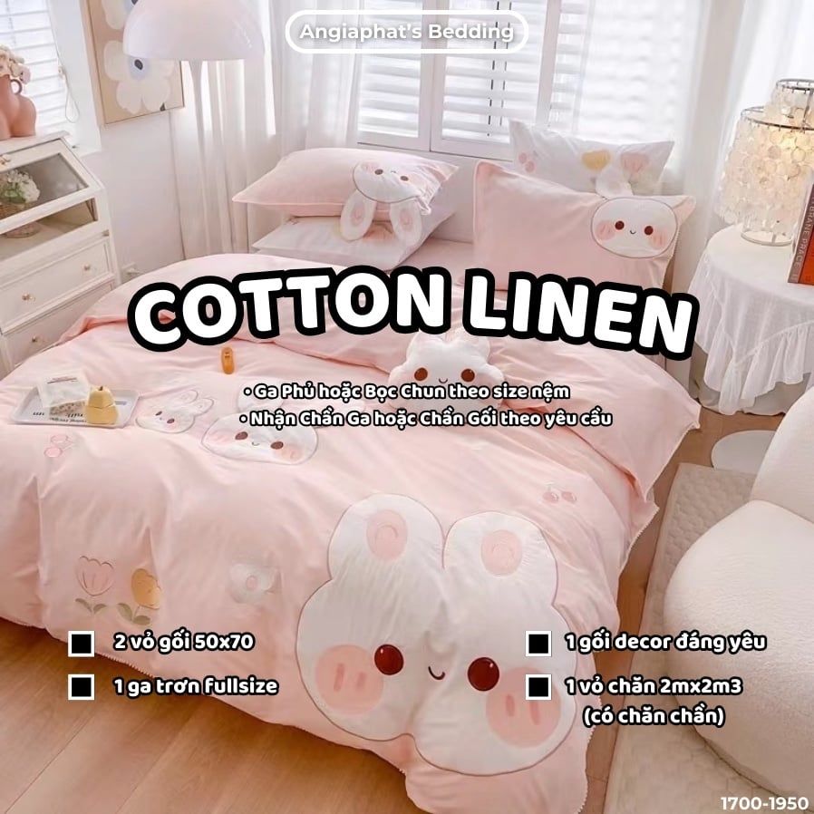  Bộ Chăn Ga Cotton Linen Kids / Cho Bé - Thỏ  Hồng Cam 