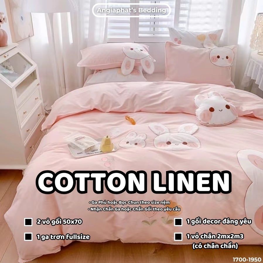  Bộ Chăn Ga Cotton Linen Kids / Cho Bé - Thỏ  Hồng Cam 