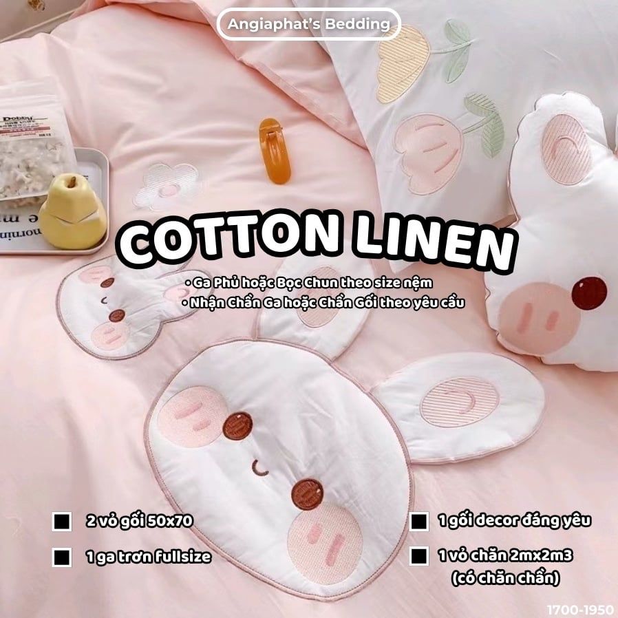  Bộ Chăn Ga Cotton Linen Kids / Cho Bé - Thỏ  Hồng Cam 