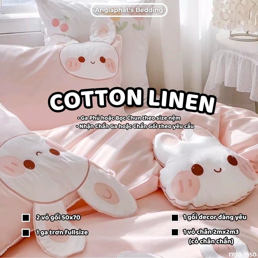  Bộ Chăn Ga Cotton Linen Kids / Cho Bé - Thỏ  Hồng Cam 