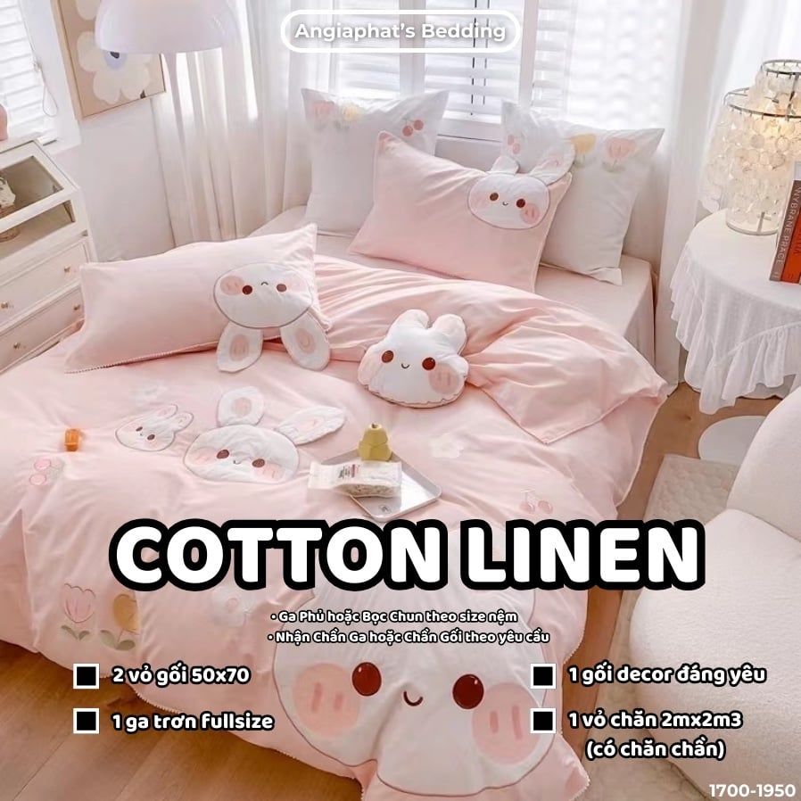  Bộ Chăn Ga Cotton Linen Kids / Cho Bé - Thỏ  Hồng Cam 