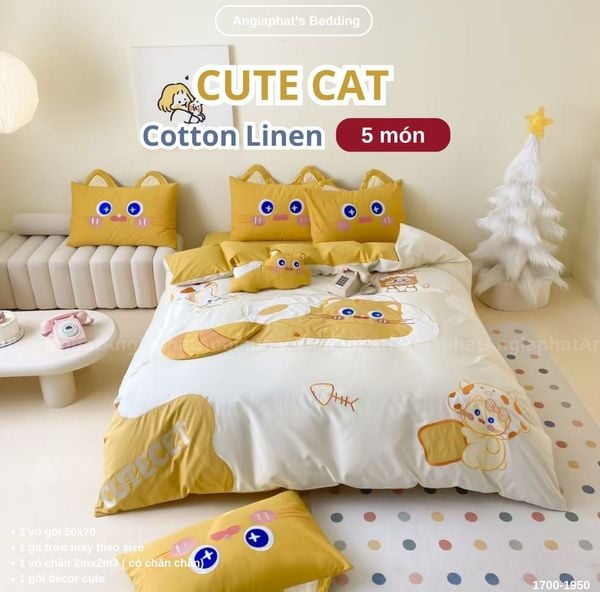  Bộ Chăn Ga Cotton Linen Kids / Cho Bé - Cute Cat 