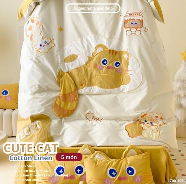  Bộ Chăn Ga Cotton Linen Kids / Cho Bé - Cute Cat 