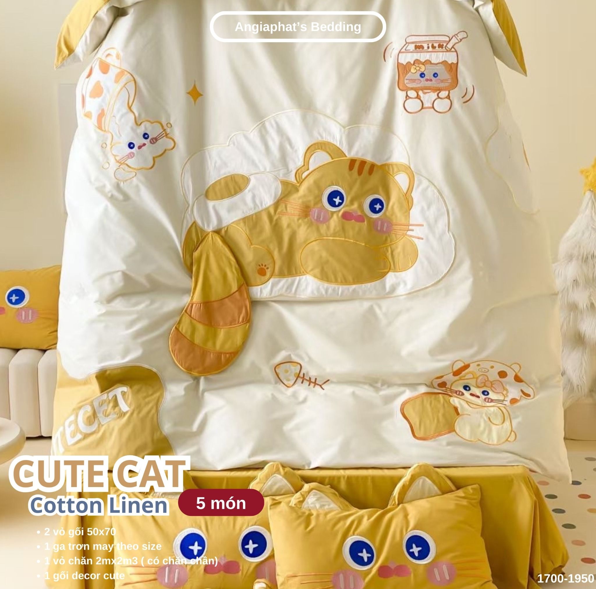  Bộ Chăn Ga Cotton Linen Kids / Cho Bé - Cute Cat 