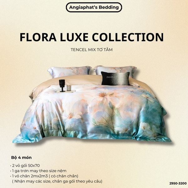  Set Chăn Ga Tencel Tơ Tằm COLOGNE - Hoa To Xanh 