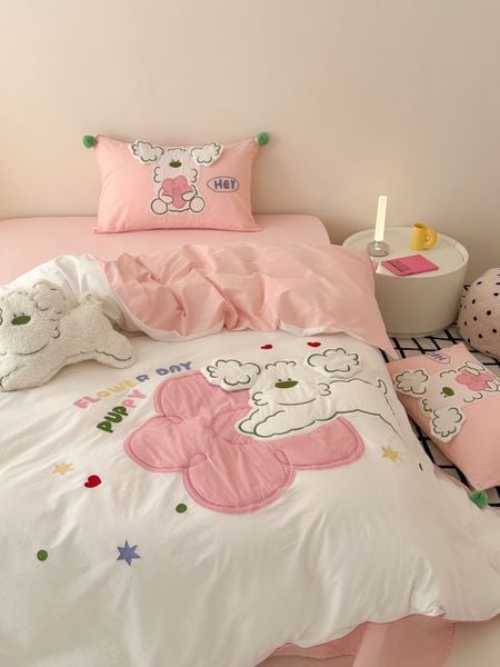  Bộ Chăn Ga Cotton Linen Kids - CHÓ XÙ HỒNG 