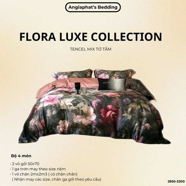  Set Chăn Ga Tencel Tơ Tằm COLOGNE - Hoa To Đen Hồng 