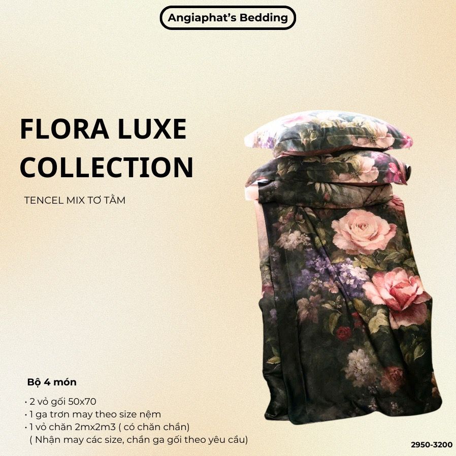 Set Chăn Ga Tencel Tơ Tằm COLOGNE - Hoa To Đen Hồng 