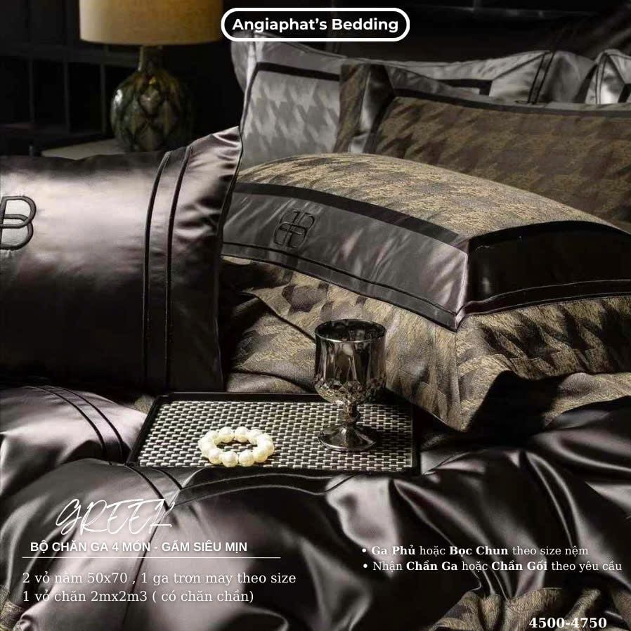  Set Chăn Ga Luxury - Gấm Siêu Mịn - B NÂU 