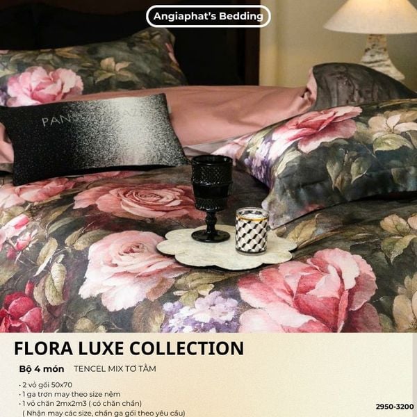  Set Chăn Ga Tencel Tơ Tằm COLOGNE - Hoa To Đen Hồng 