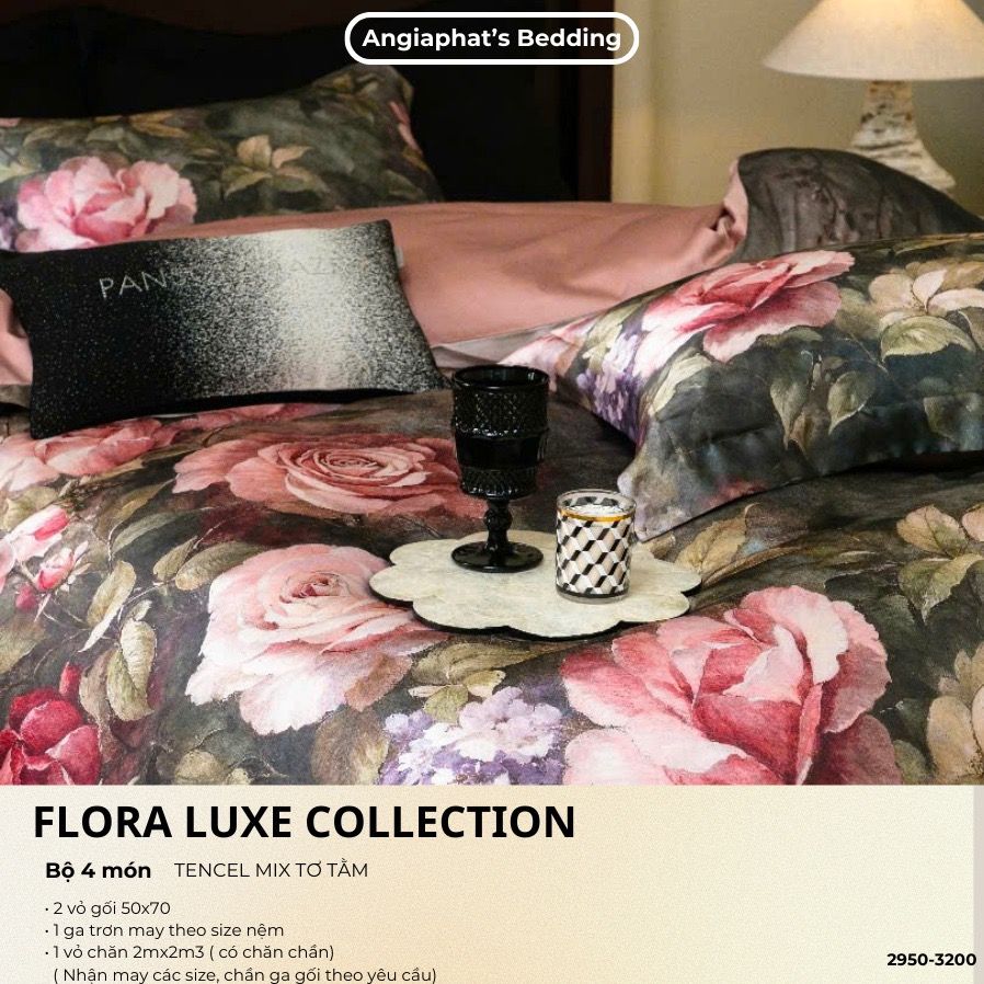  Set Chăn Ga Tencel Tơ Tằm COLOGNE - Hoa To Đen Hồng 